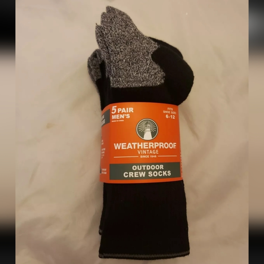 Weatherproof Vintage mens 5 pairs outdoor crew socks black 6-12